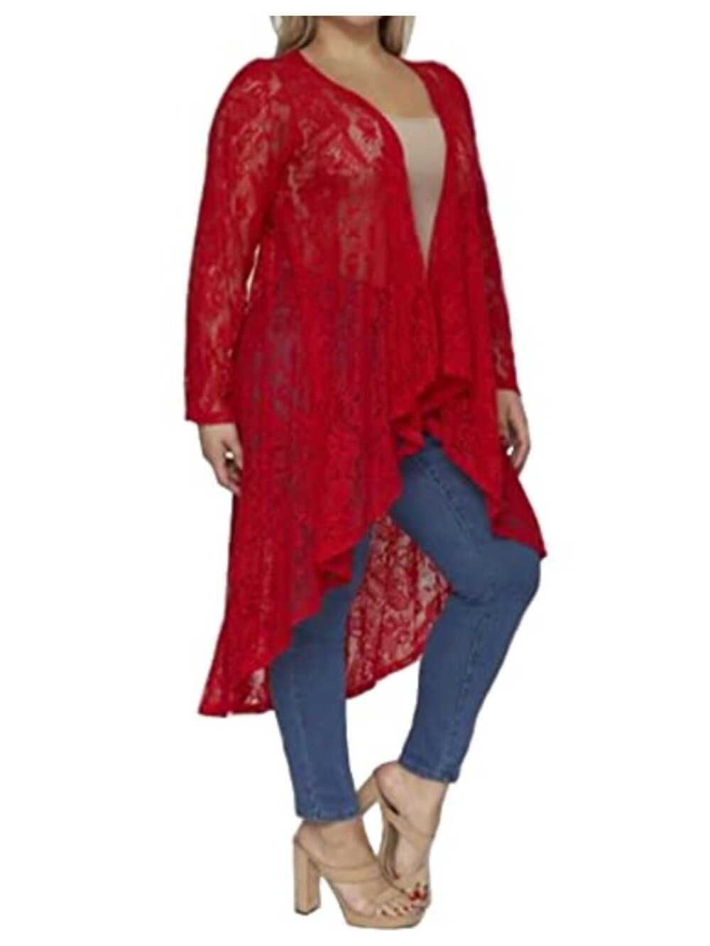 Sheer Lace Long Sleeve Open Front Asymmetric Hem Hi Low Cardigan